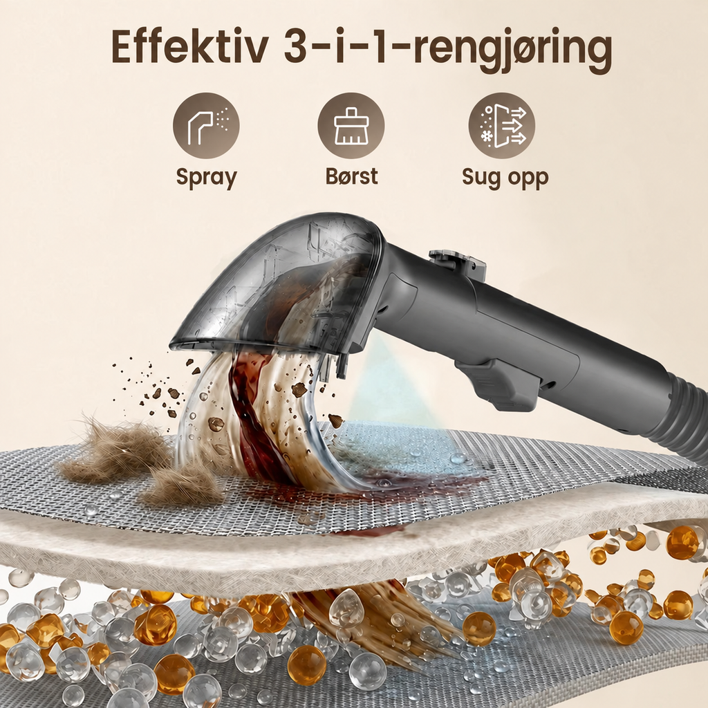Effektiv 3-i-1-rengjøring: spray, børst og sug opp