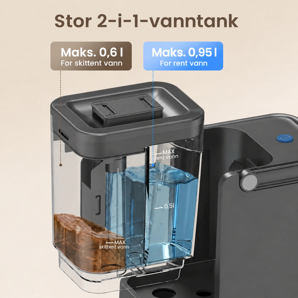 2-i-1-vanntank med 0,6 liter skittenvannstank og 0,95 liter rentvannstank