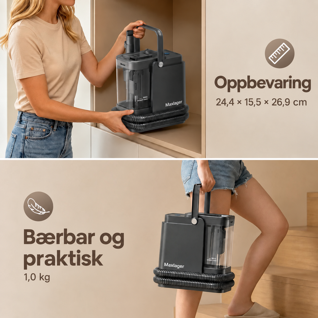 Kompakt og bærbar Maxlager tekstilrenser for enkel oppbevaring